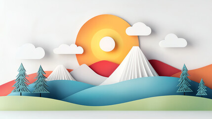 Obraz premium Vibrant paper cut landscape with mountains and sunset in a modern design style
