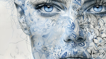 Vintage white paper  with a blue patterned background of blue, featuring antique details and intricate pattern.