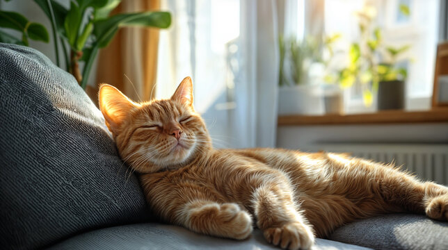 Relaxed orange tabby cat lounging on a cozy couch in sunlight, enjoying a peaceful nap in a bright home interior with houseplants, tranquil domestic scene
