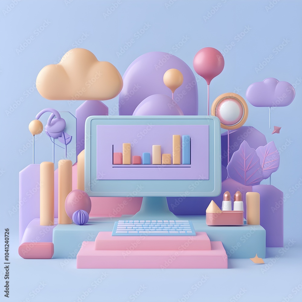 Poster pastel 3d computer desktop with bar graph and abstract shapes