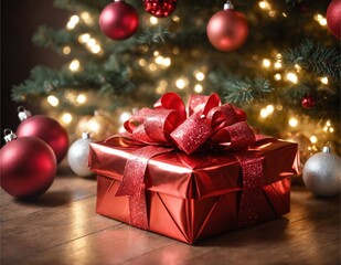 A festive Christmas tree adorned with colorful ornaments, sparkling lights, and wrapped gifts sits 