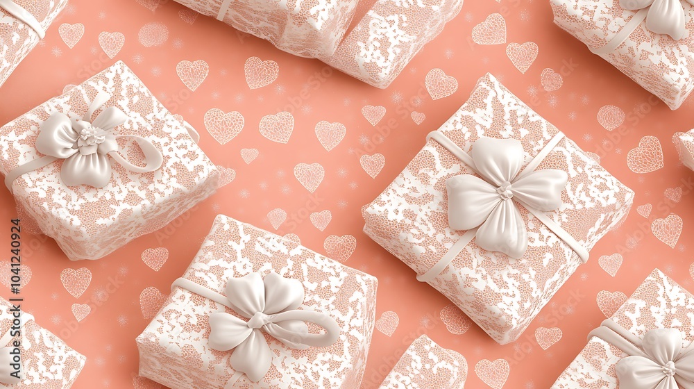 Sticker Lace overlay pattern featuring gift boxes with heart-patterned wrapping, delicate lace details, white on a light pink background, elegant and sophisticated style, intricate design, hd quality,