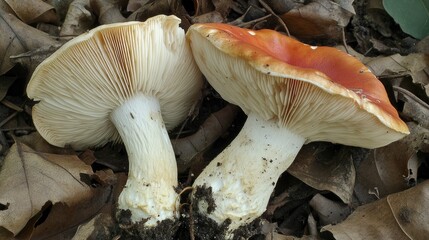 Close-Up of Two Vibrant Mushrooms Growing Among Fallen Leaves in a Forest Setting