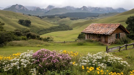 Fototapeta premium A small house is in the middle of a field with flowers. The house is surrounded by a fence