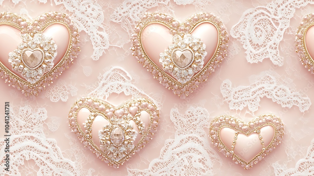 Canvas Prints Lace overlay pattern featuring heart-shaped gemstones and jewelry, delicate lace details, white and gold on a light pink background, elegant and sophisticated style, intricate design, hd quality,