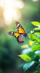 Fototapeta premium Captivating monarch butterfly gracing lush green leaves in sunrise glow