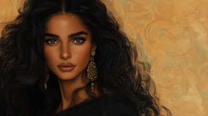 Fototapeta premium A fantasy setting featuring a woman of Indian descent, her almond-shaped eyes shimmering with an otherworldly hue. Her raven-black hair flows down her shoulders like a silken water