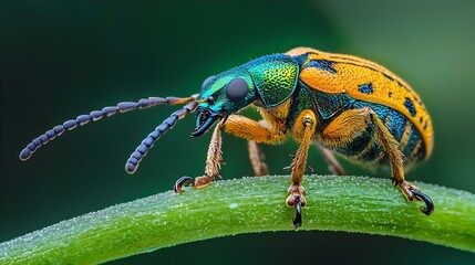 Naklejka premium Colorful Weevil with Long Snout Crawling on Stem Highlighting Insect Diversity and Adaptations