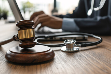 close up of wooden gavel and stethoscope