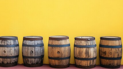 Fototapeta premium Several wooden barrels with distinctive wood patterns, lined up against a yellow backdrop.