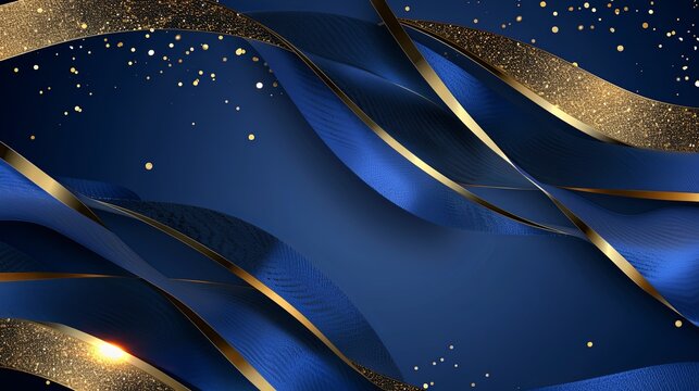 Blue background with golden lines, blue ribbon, glitter light effect and bokeh decoration. Luxury style design background