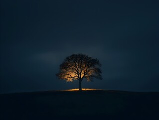Lone Tree Silhouette Against Starless Pitch Black Sky Representing Solitude and Resilience