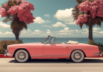 A pink car is parked on the side of the road. The car is parked next to a tree