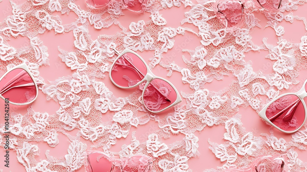 Wall mural Lace overlay pattern featuring heart-shaped sunglasses and accessories, delicate lace details on a light pink background, elegant and sophisticated style, intricate design, hd quality, seamless flow.