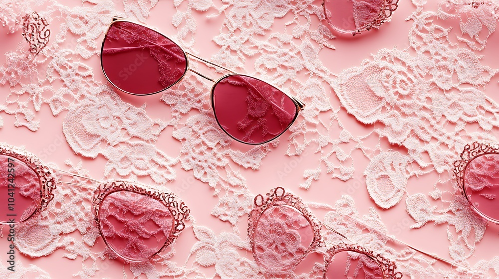 Sticker Lace overlay pattern featuring heart-shaped sunglasses and accessories, delicate lace details on a light pink background, elegant and sophisticated style, intricate design, hd quality, seamless flow.