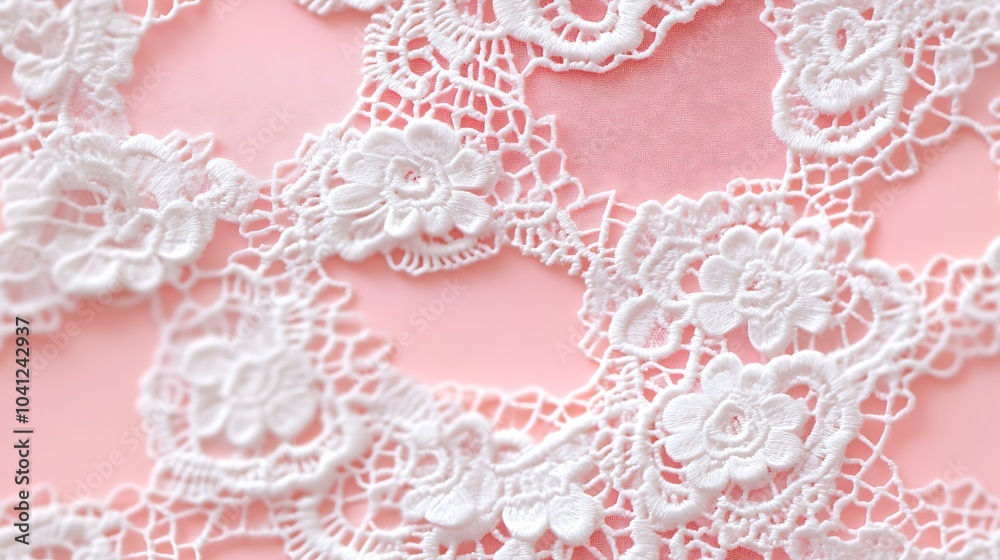 Poster Lace overlay pattern featuring interlocking rings and tiny hearts, delicate lace details, white on a light pink background, romantic and sophisticated style, seamless flow, hd quality, fine texture.