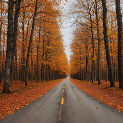 Fototapeta premium Concrete Road Between Trees At forest, Fall Season, orange and brown leaves fallen in the road