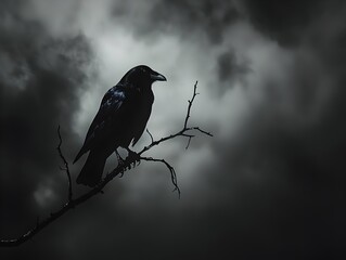 Naklejka premium Silhouetted Crow Perched on Barren Branch Against Dark Moody Sky Ominous Nighttime Symbolism