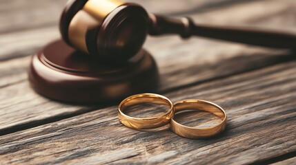 A gavel and two wedding rings on a wooden surface, a concept of divorce.