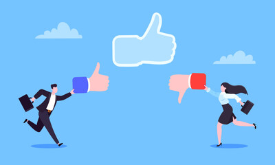 Customer feedback, employee or client satisfaction rating review with good or bad symbols - thumb up and down business concept vector illustration. Positive and negative feedback and evaluation