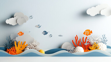 Whimsical underwater scene with colorful coral and playful fish in a paper art style