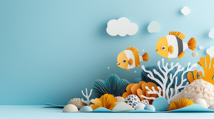 A whimsical underwater world exploring the vibrant life of colorful paper fish in a coral reef setting