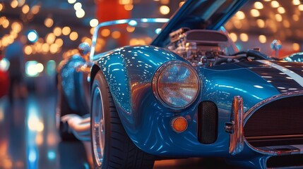 Close-up of a Blue Classic Sports Car with Open Hood