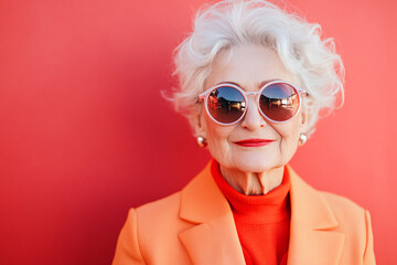 portrait of a beautiful stylish lady above 70 years old in sunglasses