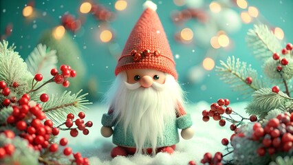 Obraz premium Scandinavian Nordic Gnome. Winter holiday greeting card, sticker with 3D toy character mythical fairy tale old man grandfather and set festive decor. Collection Merry Christmas, Happy New Year design.