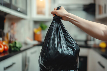 close up of hand holding trash bag