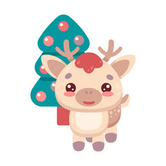 A cute cartoon deer stands in front of a Christmas tree. The deer is smiling and enjoying the festive atmosphere. Vector illustration.