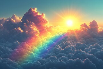 Enchanting coloring page depicting a radiant sun shining down on a colorful rainbow and fluffy clouds ideal for kids inviting them to add their artistic touch against a pure white background