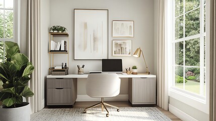 A modern home office with a large desk, a chair, shelves, and a window overlooking a backyard.