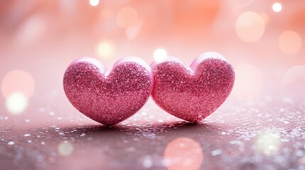 Fototapeta premium Valentines day festive background with two hearts In Shiny multicolor Background Valentine's Day glitter background