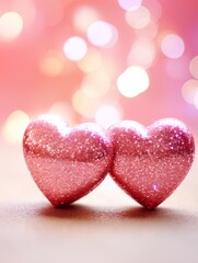 Fototapeta premium Valentines day festive background with two hearts In Shiny Background Valentine's Day glitter background