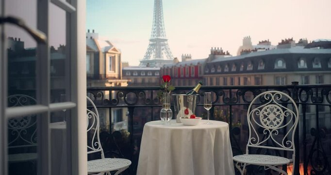 Beautiful Parisian Balcony with a Cooled Champagne Bottle, Glasses, and a Rose, Set Against the Iconic Eiffel Tower View. Scene Exudes Elegance and Romance, Perfect for a Tourist Escape