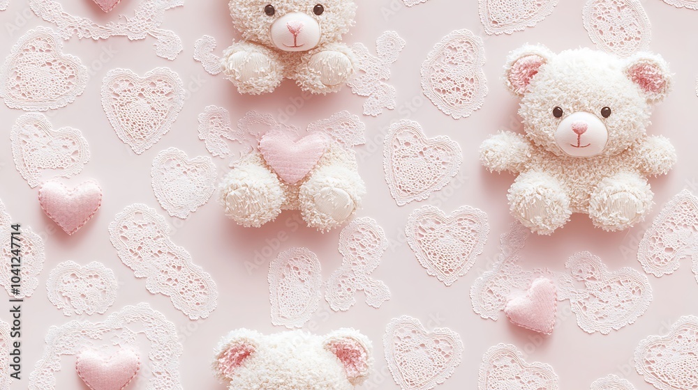 Canvas Prints Lace overlay pattern featuring teddy bears with hearts, delicate lace details on a light pink background, elegant and sophisticated style, intricate design, hd quality, seamless flow.