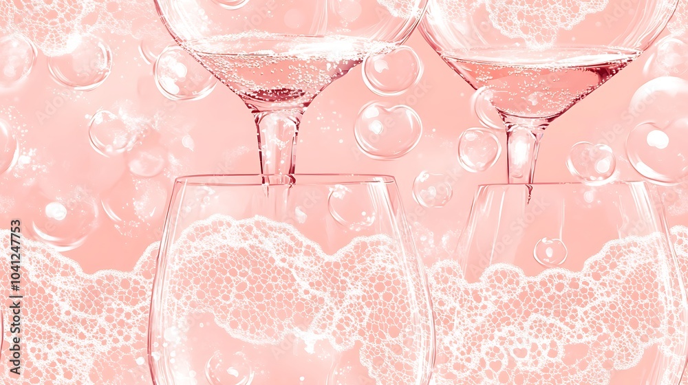 Canvas Prints Lace overlay pattern featuring wine glasses and heart-shaped bubbles, delicate lace details on a light pink background, elegant and sophisticated style, hd quality, intricate design, seamless flow.