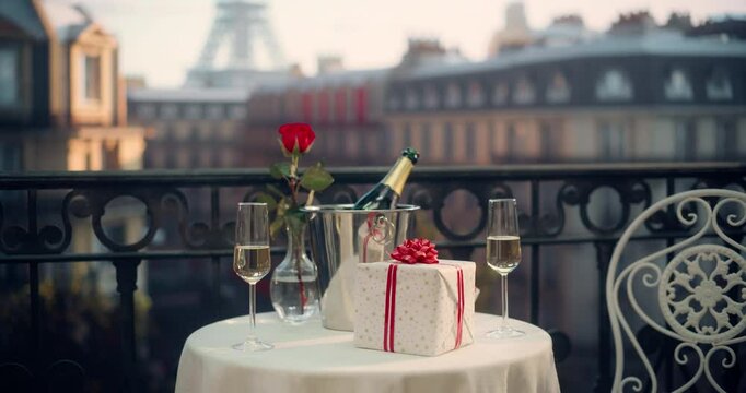 Beautiful Parisian Balcony with Eiffel Tower View with a Table Arranged for a Special Occasion. Champagne, Strawberries and a Wrapped Gift Create a Luxurious and Romantic Atmosphere for a Celebration