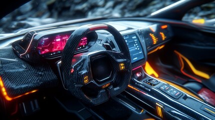 Obraz premium Futuristic Car Interior with Carbon Fiber and Neon Lights