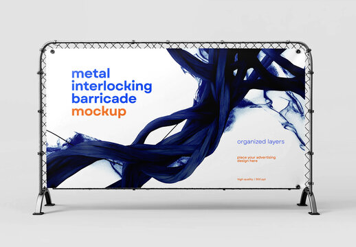 Outdoor Barricade Banner Mockup &ndash; Realistic Metal Frame Display Template for Event Branding and Advertising Signs