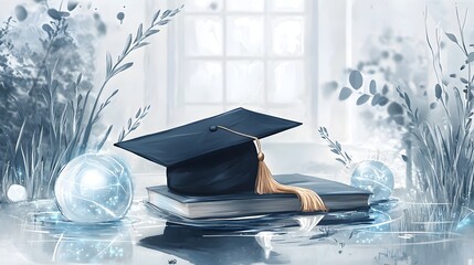 A digital depicting a graduation cap floating amidst luminous futuristic light orbs symbolizing academic success achievement and the bright future ahead for graduates