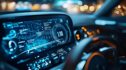 Futuristic Car Interior with Digital Dashboard and Steering Wheel