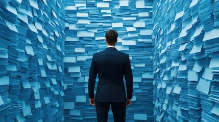A business professional stands surrounded by blue sticky notes, representing overwhelming tasks and the complexity of organization.