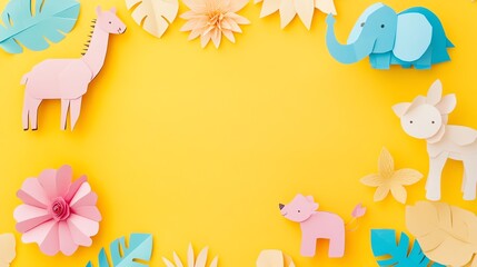 Naklejka premium Paper craft animals and flowers on a yellow background.