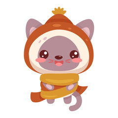 A cute cat in a yellow scarf and a hat. The cat is smiling and he is happy. Cute vector cartoon character in winter clothes.