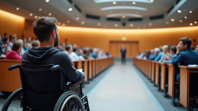 Inclusive Education: Attentive Student in Wheelchair Engaging in Lecture Hall Environment