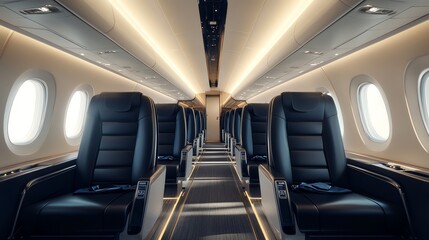 Obraz premium The interior of a plane with rows of black leather seats and oval windows.