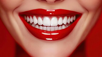 Naklejka premium A close-up of a woman's white teeth framed by glossy red lipstick, creating a striking and stylish beauty shot.