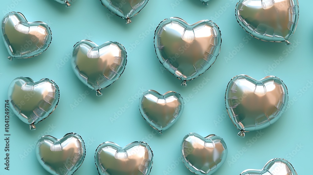 Poster Pattern of metallic heart-shaped balloons, floating on a pastel mint background, shiny and reflective surfaces, soft light reflections, elegant and festive atmosphere, hd quality, seamless repetition.